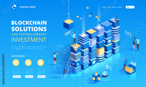 Cryptocurrency and blockchain isometric composition with people