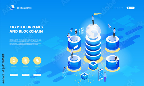 Cryptocurrency and blockchain isometric composition with people