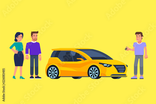 Carpool and car sharing. Happy people in front of the car.