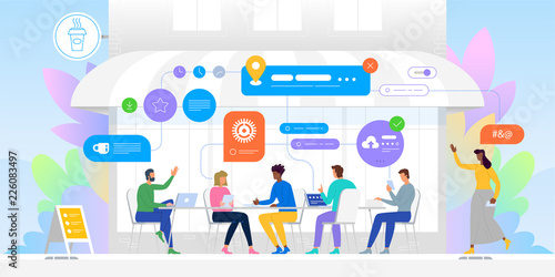 Networking concept. Group of friends in cafe. Community and internet concept