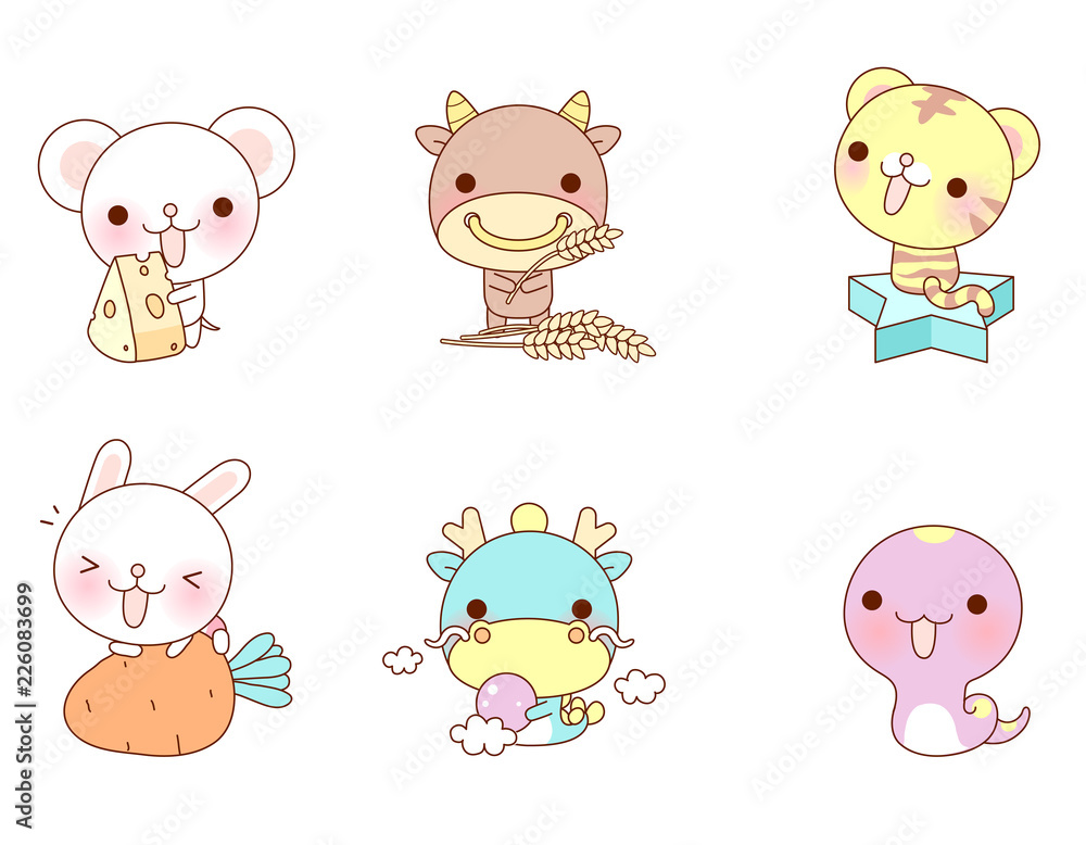 Variation of colorful animals displayed in a row against white background