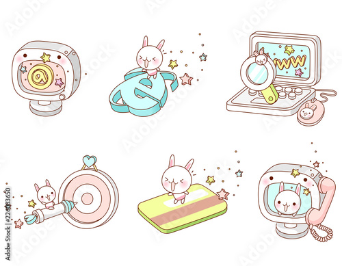 Variation of colorful objects displayed in a row against white background