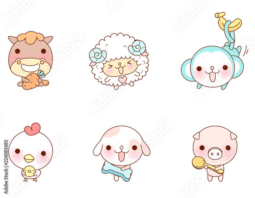 Variation of colorful animals displayed in a row against white background