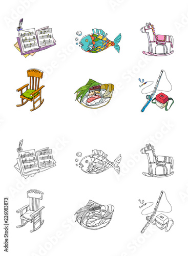Variation of colorful objects displayed in a row against white background