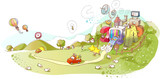 Colorful abstract illustration of a park with car on road