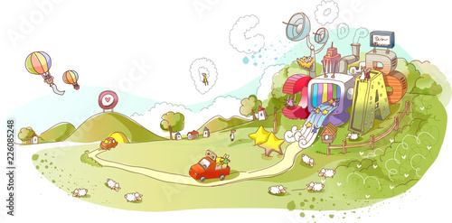 Colorful abstract illustration of a park with car on road