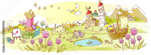 View of park with easel, flowers, clock tower, slides and nautical vessel