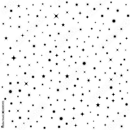 Twinkling stars pattern, starry sky background, black isolated on white, vector illustration.