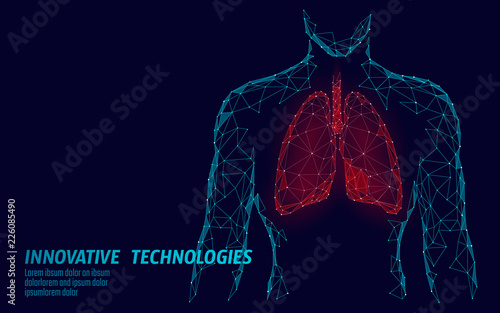 Man silhouette healthy lungs 3d medicine model low poly. Triangle connected dots glow point. Online doctor World Tuberculosis day modern innovative technology render vector illustration photo