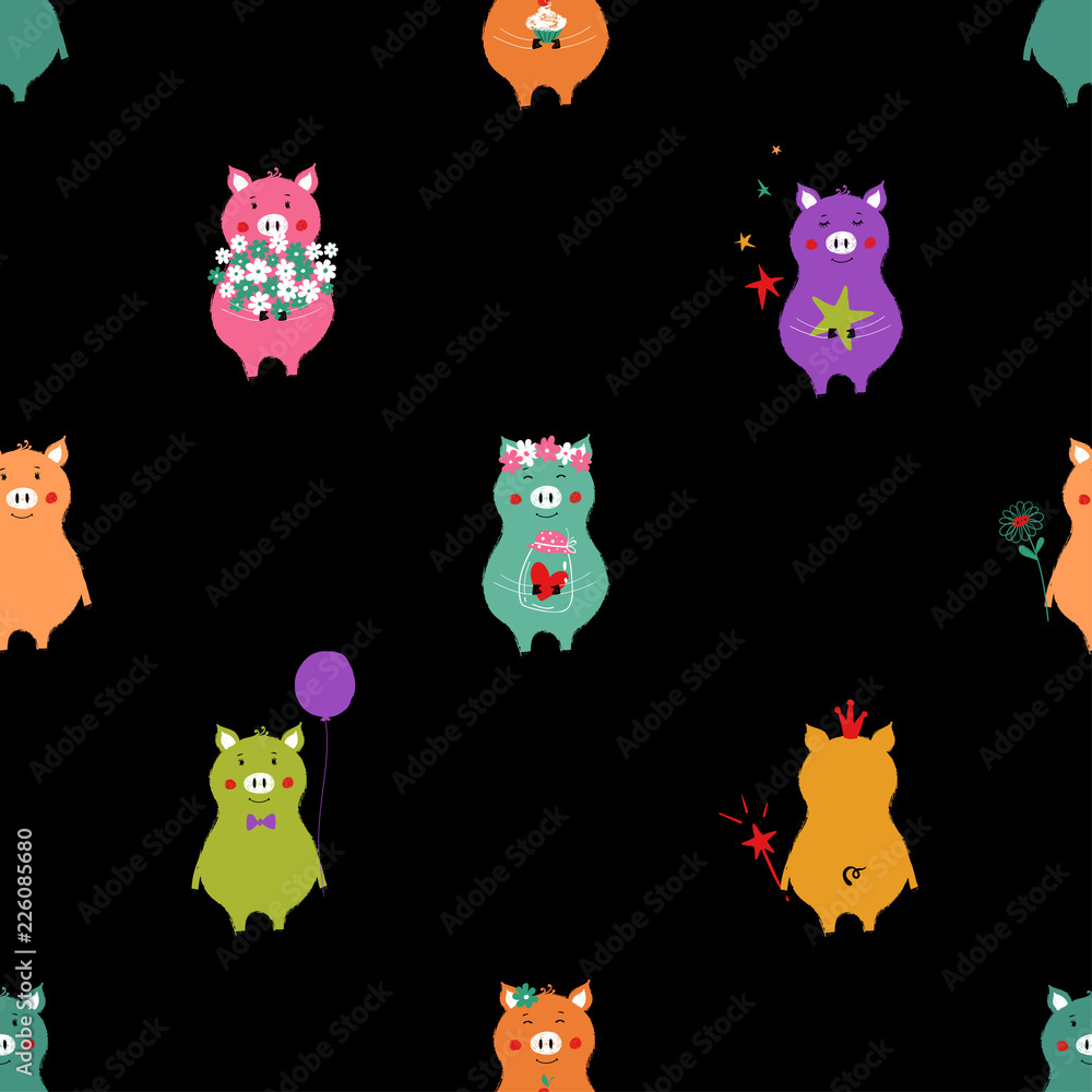 Obraz premium Seamless Pattern With Colorful Piglets.