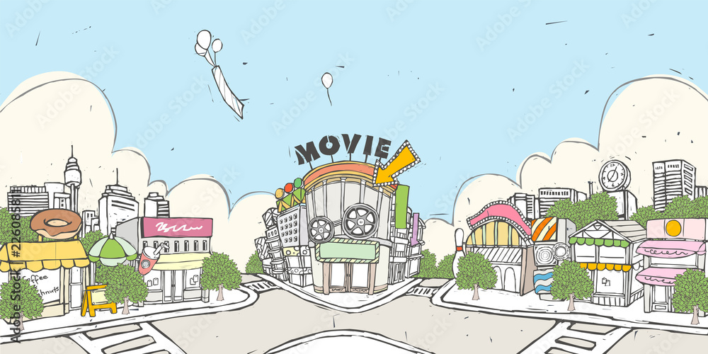 Arrow sign indicating movie theater with helium balloons flying against sky