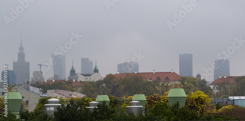 Misty autumn Warsaw city, Poland