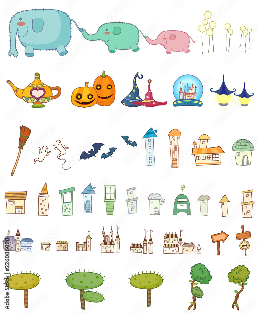 Variation of colorful objects displayed in a row against white background Variation of colorful objects displayed in a row against white background