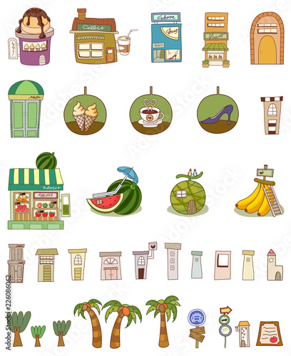 Variation of colorful objects displayed in a row against white background
