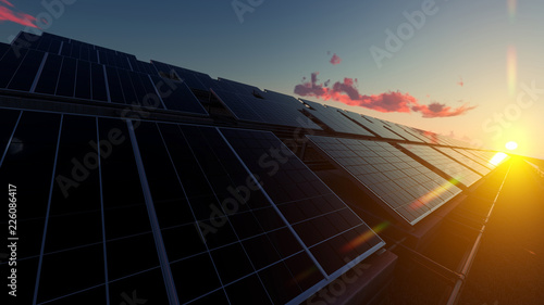 Solar Panel Farm under Red Clouds 3d rendering
