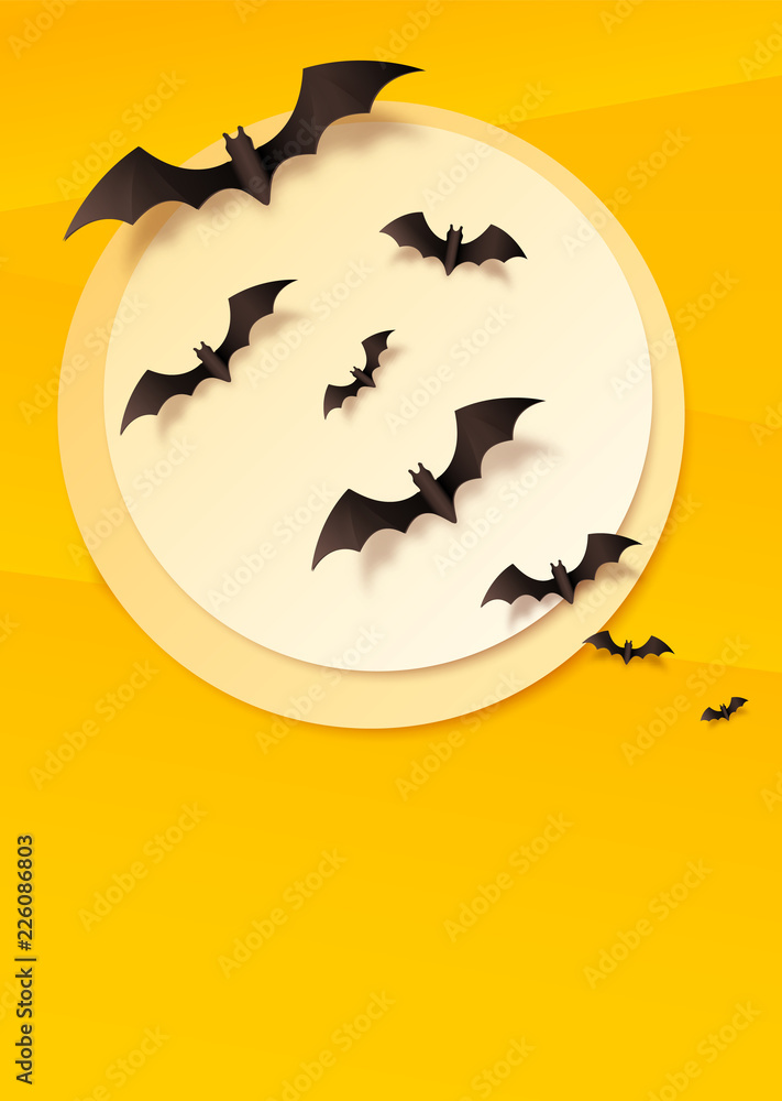 Yellow vertical folded paper background with black flying bats on white moon. Vector Halloween poster background