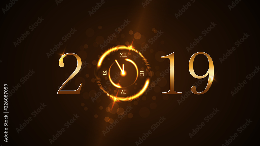 Happy New Year background. Magic gold clock countdown five minute. Golden numbers 2019. Christmas night design light, glitter. Symbol of wish, celebration. Luxury decoration. Vector illustration Happy New Year background. Magic gold clock countdown five minute. Golden numbers 2019. Christmas night design light, glitter. Symbol of wish, celebration. Luxury decoration. Vector illustration
