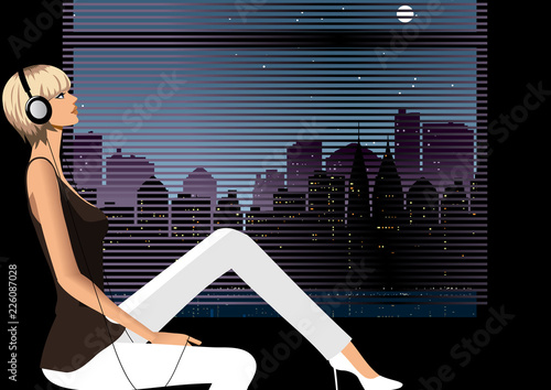 Side profile of a woman sitting on a window sill and listening to music