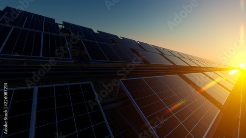 Sunset over the Solar Panels 3d rendering