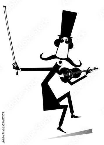 Cartoon long mustache violinist illustration. Smiling mustache man in the top hat with violin and fiddlestick black on white isolated illustration 
