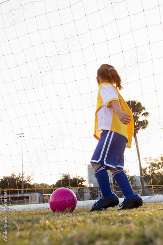A player stands at the goal on the soccer field.