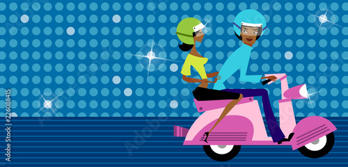 Side profile of a couple riding a motor scooter