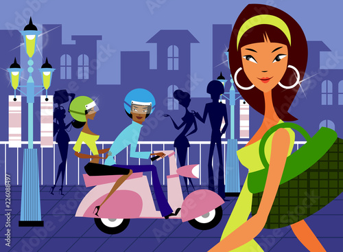Woman carrying a hand bag with a couple riding a moped on the road