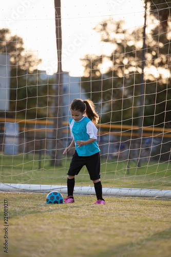 A girl kicks a soccer ball in front of a goal. 
