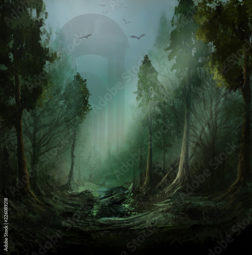 Fantasy dark forest with old ruins