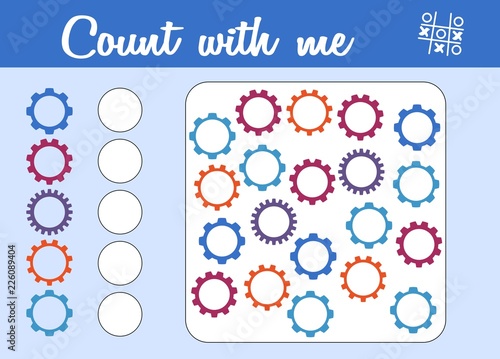 Counting game for preschool children. Educational a mathematical game. Count how many cogwheels and write the result