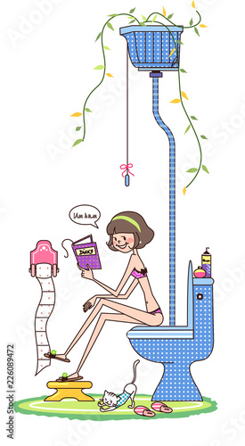 Girl sitting on a toilet bowl and reading a book