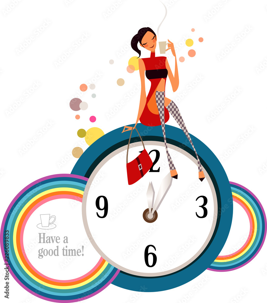 Woman sitting on a clock and holding a tea cup Woman sitting on a clock and holding a tea cup