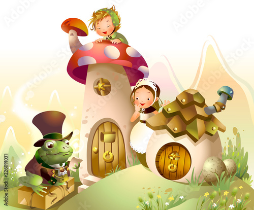 Boy and a girl looking at a frog reading a paper