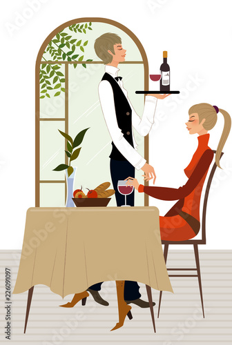 waiter serving wine to woman at restaurant clip art preview
