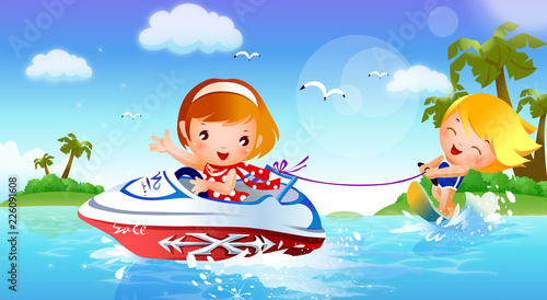 Boy waterskiing with a girl