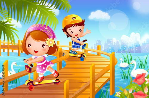 Boy and a girl riding push scooters on the pier