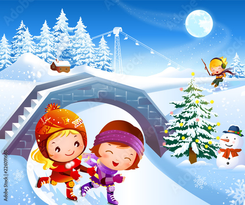 Boy with a girl ice-skating