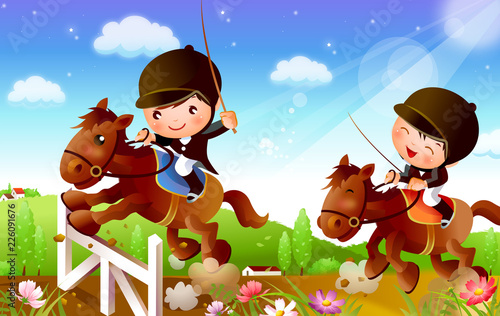 Two Jockeys with their horses jumping over a hurdle