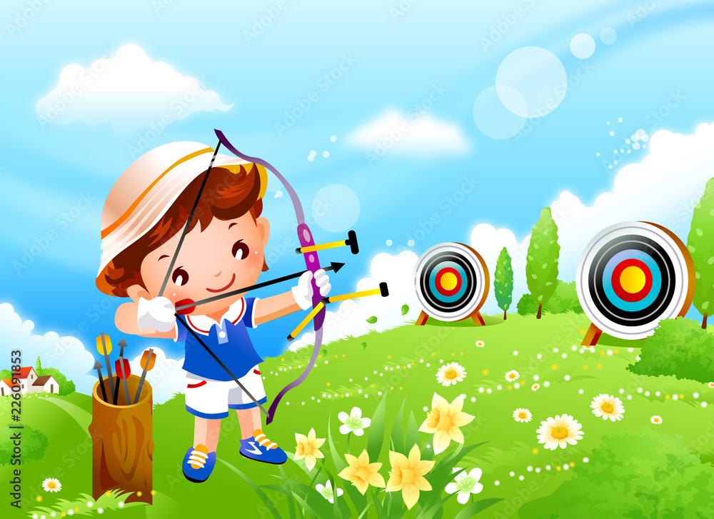 Obraz premium Boy aiming an arrow at a target