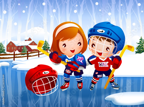 Boy and a girl holding ice hockey sticks