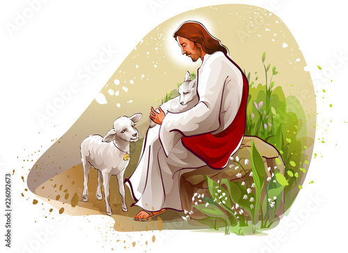 Jesus Christ sitting on a rock with two lambs
