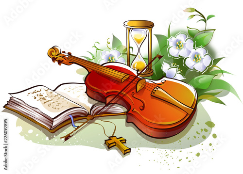 Close-up of the Bible and a violin with an hourglass