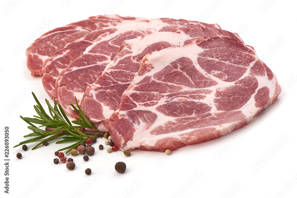 Meat, pork, slices pork loin with herbs, isolated on a white background Meat, pork, slices pork loin with herbs, isolated on a white background