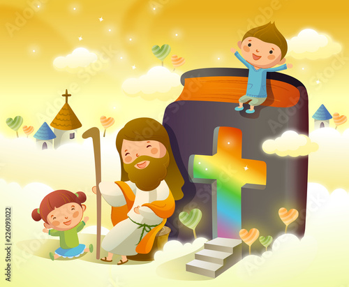 Jesus Christ sitting with two children and smiling