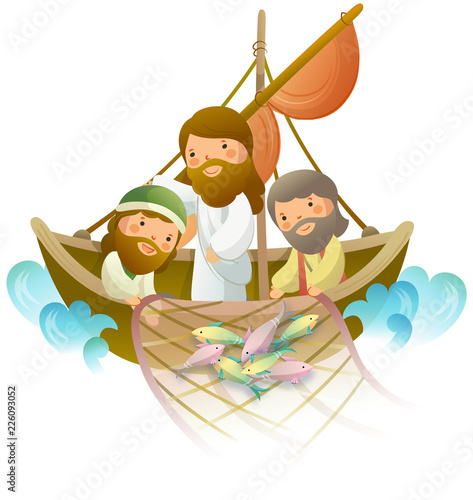Side profile of two men fishing with Jesus Christ on a boat
