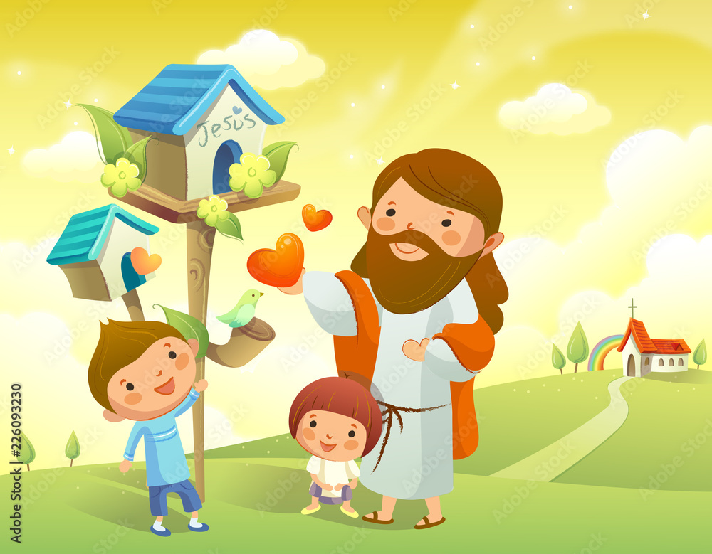 Jesus Christ and two children standing near a birdhouse