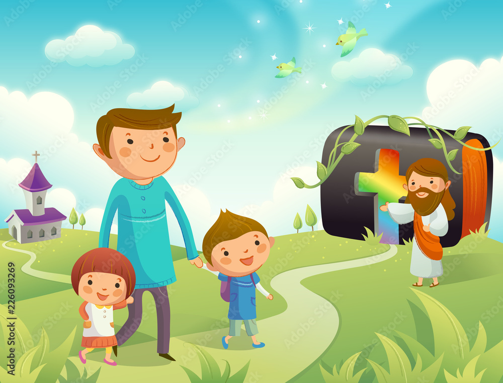 Father walking with his children and Jesus Christ gesturing towards them Father walking with his children and Jesus Christ gesturing towards them