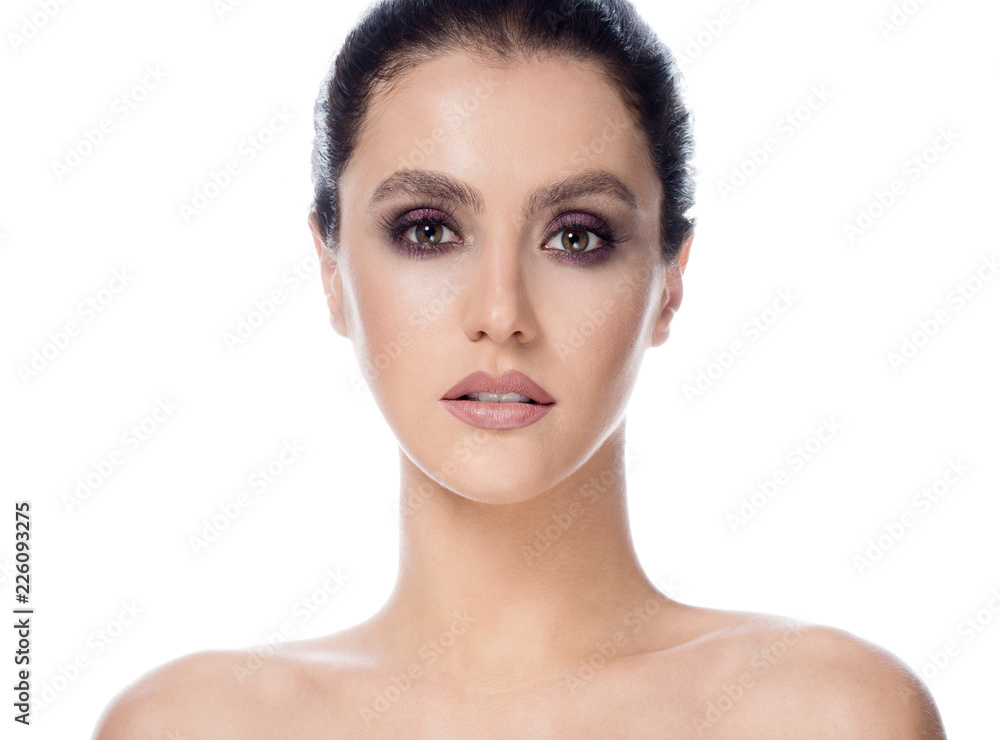 beauty portrait of attractive young caucasian woman brunette isolated on white studio shot lips face skin makeup eyes head and shoulders looking at camera beauty portrait of attractive young caucasian woman brunette isolated on white studio shot lips face skin makeup eyes head and shoulders looking at camera