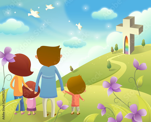 Rear view of a man and a woman standing with their children