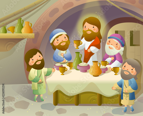 Jesus Christ with four men having food